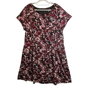 Roz & Ali Floral Print Short Sleeve Dress Womens 18 Black Maroon Pockets Office